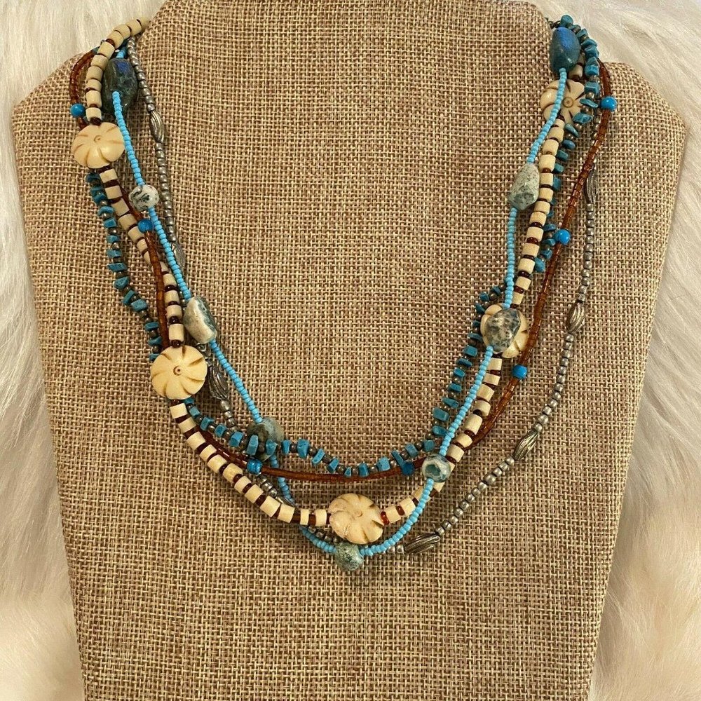 Western Necklace Natural Stone Carved Flower Festival Coastal Boho Hippie 5361 - Picture 1 of 8
